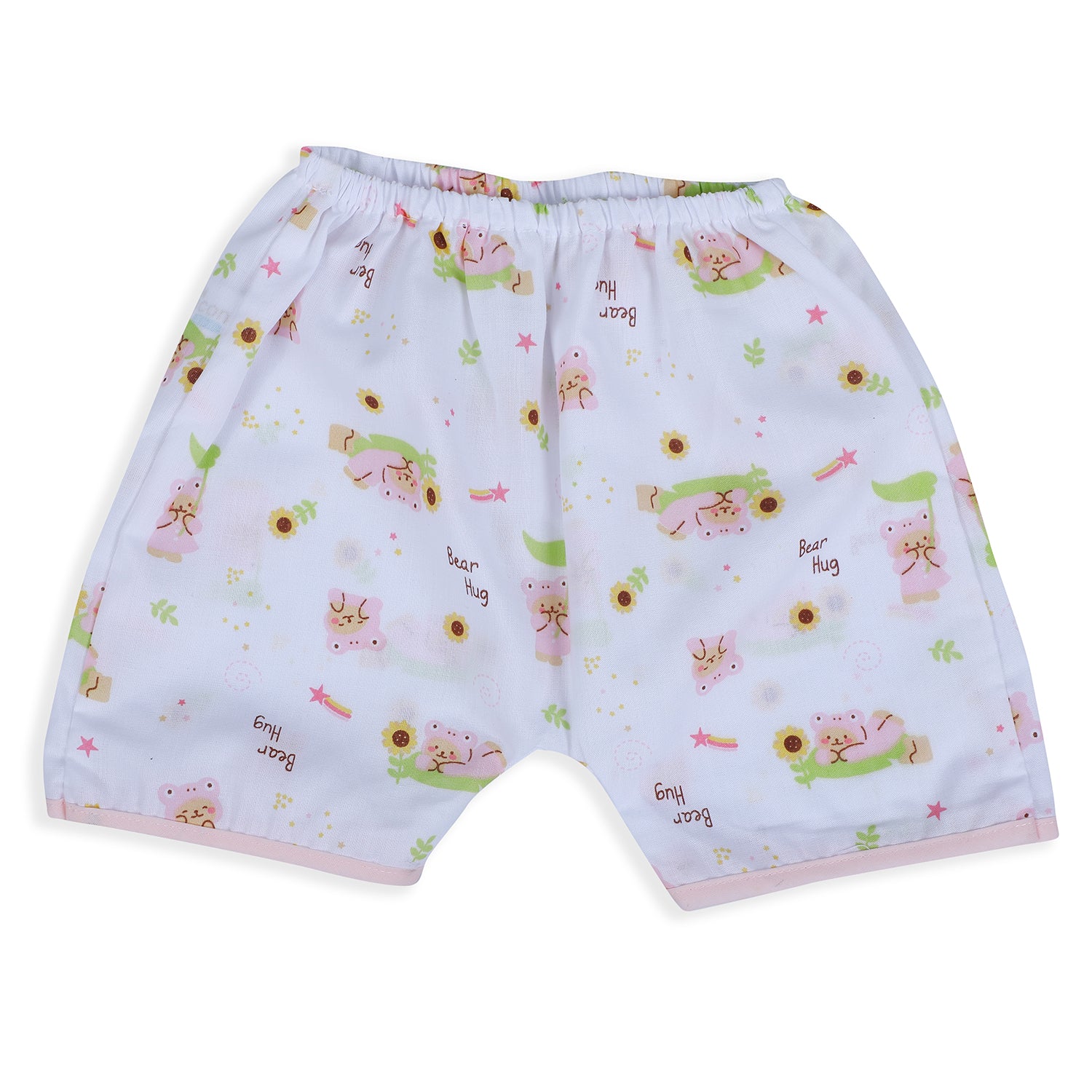 Baby Moo Bear Hug Half Sleeves Soft Cotton Jhabla And Shorts 2pcs Set - Pink - Baby Moo