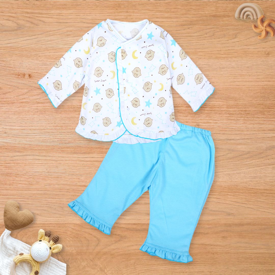 Baby Moo Sweet Dreams Cotton Full Sleeves Top And Pyjama 2pcs Night Suit - Blue - Baby Moo