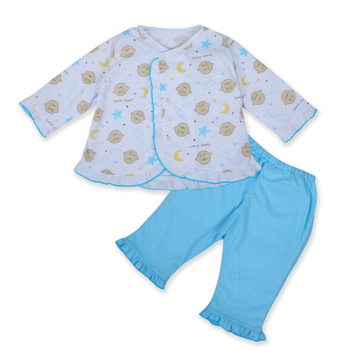 Baby Moo Sweet Dreams Cotton Full Sleeves Top And Pyjama 2pcs Night Suit - Blue - Baby Moo