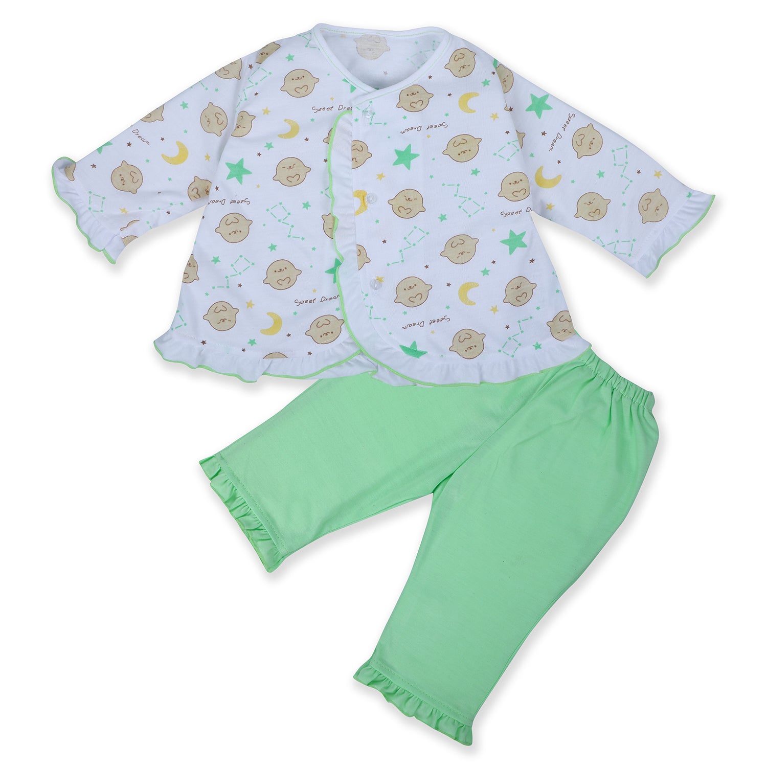 Baby Moo Sweet Dreams Cotton Full Sleeves Top And Pyjama 2pcs Night Suit - Green - Baby Moo