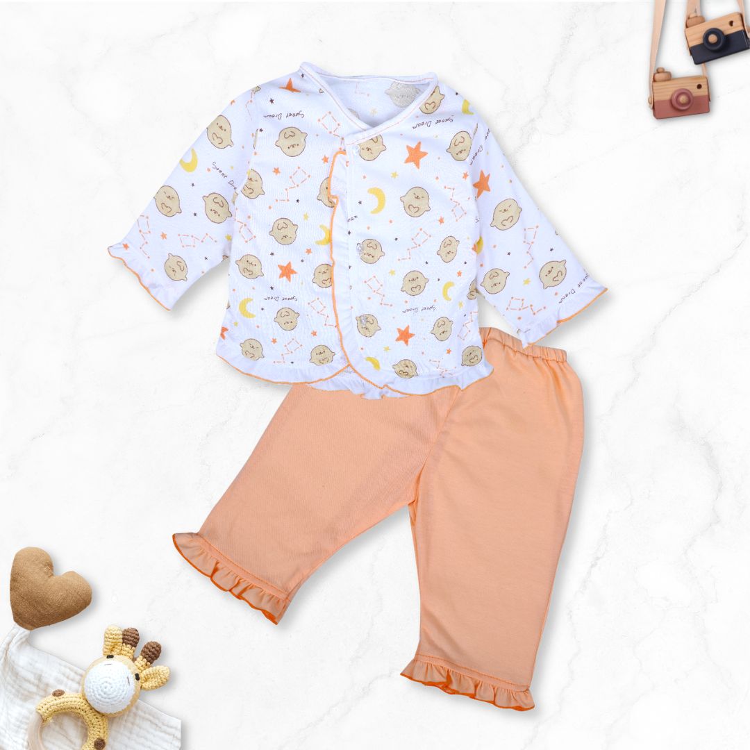 Baby Moo Sweet Dreams Cotton Full Sleeves Top And Pyjama 2pcs Night Suit - Orange - Baby Moo