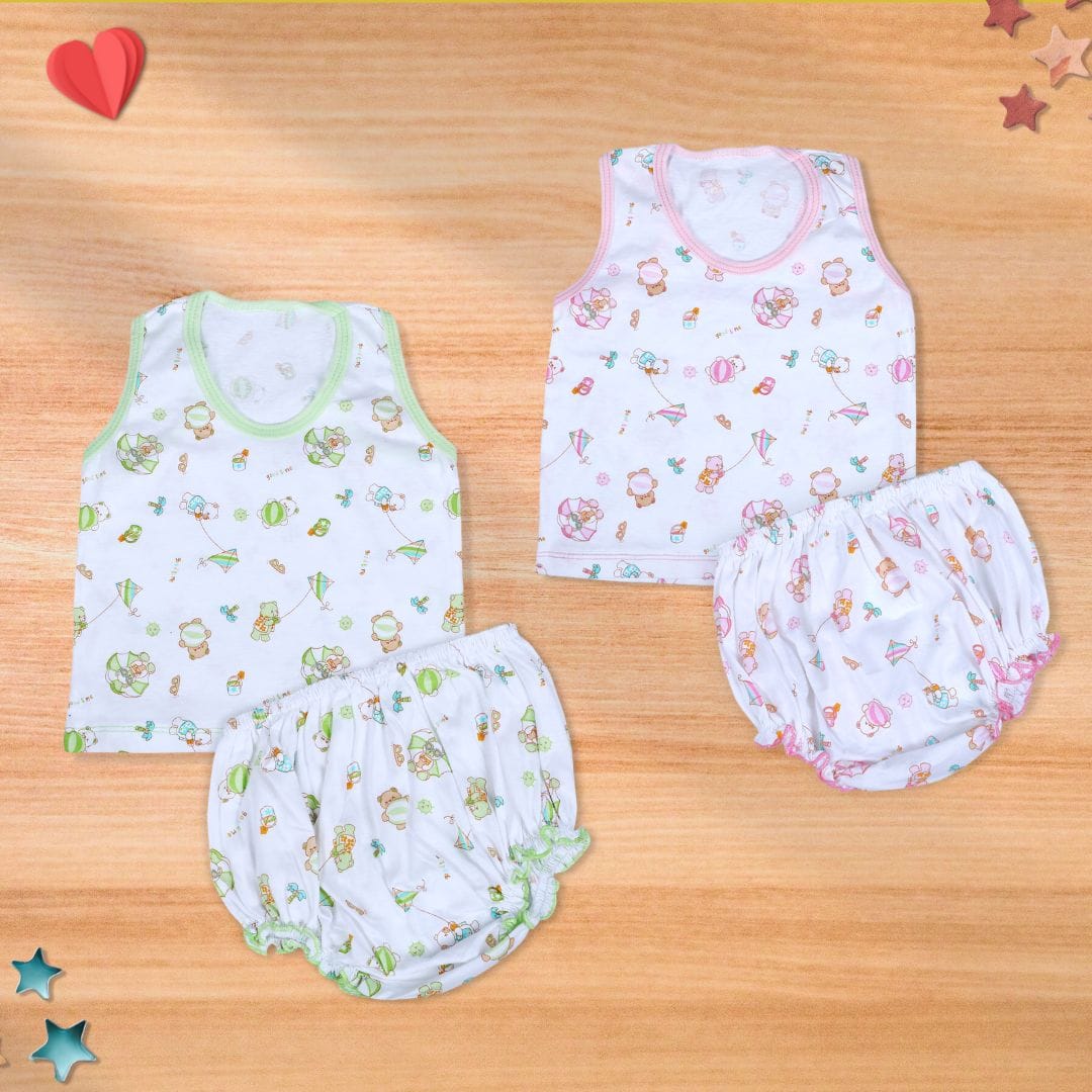 Baby Moo Kite Flying Bear Pure Cotton 2 Sleeveless Vest With 2 Matching Bottom - Pink & Green - Baby Moo