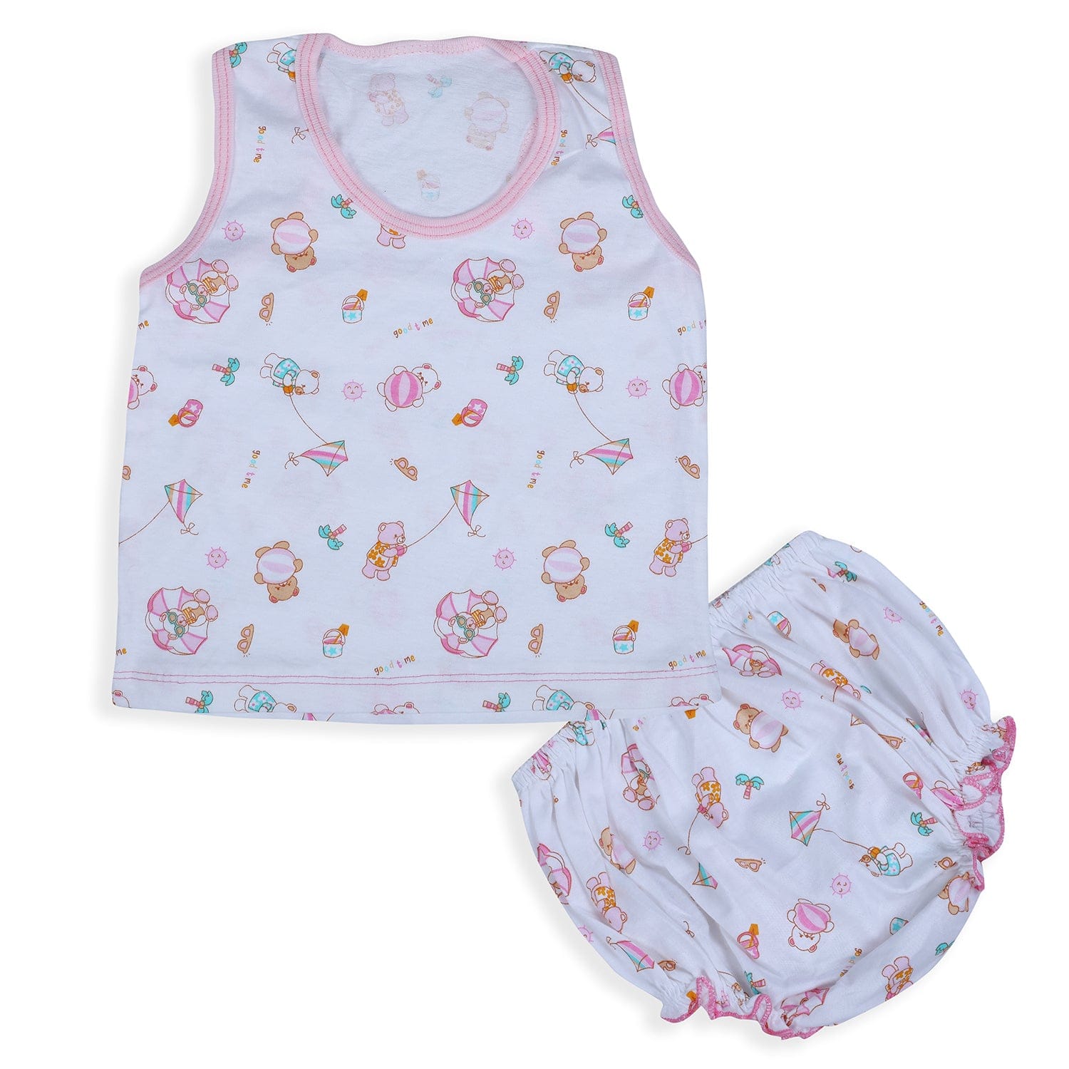 Baby Moo Kite Flying Bear Pure Cotton 2 Sleeveless Vest With 2 Matching Bottom - Pink & Green - Baby Moo