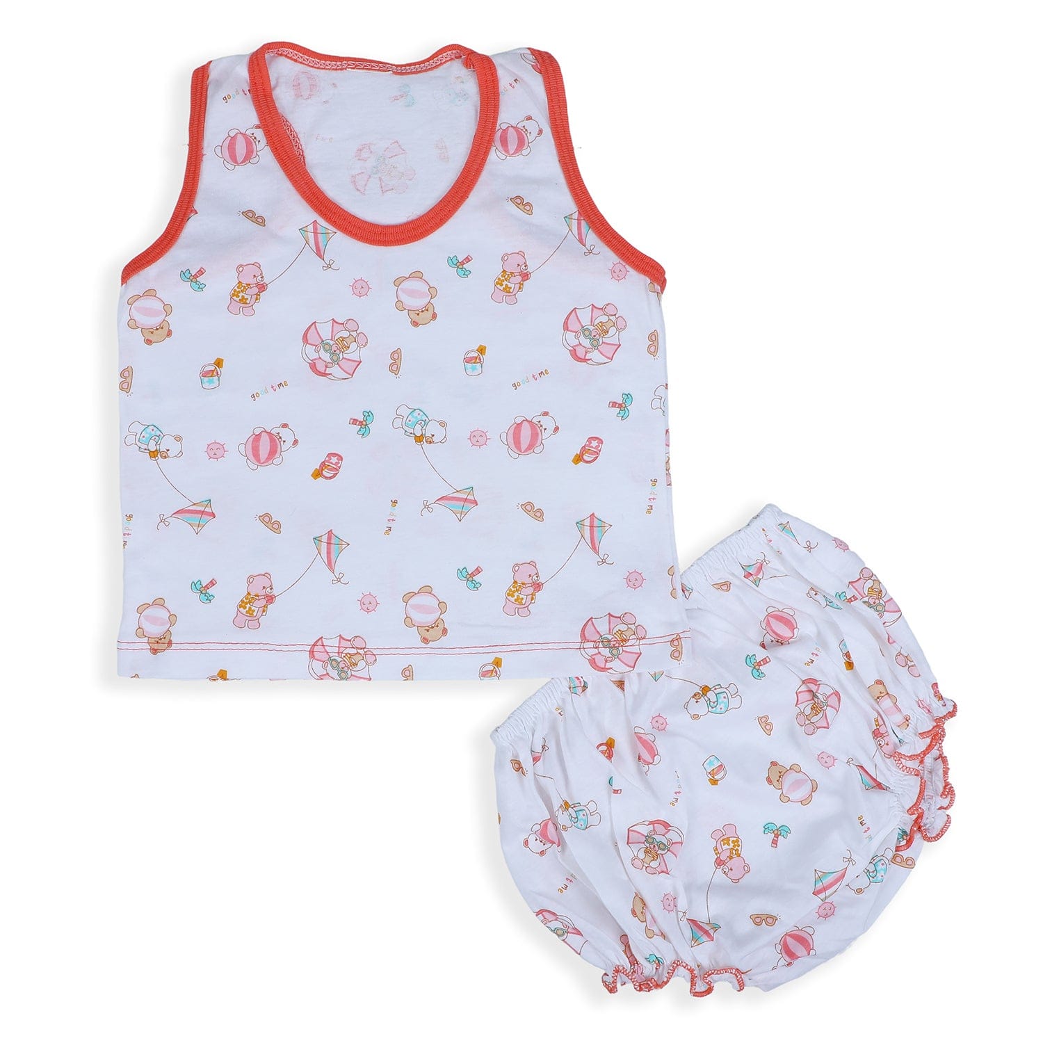 Baby Moo Kite Flying Bear Pure Cotton 2 Sleeveless Vest With 2 Matching Bottom - Red & Blue - Baby Moo