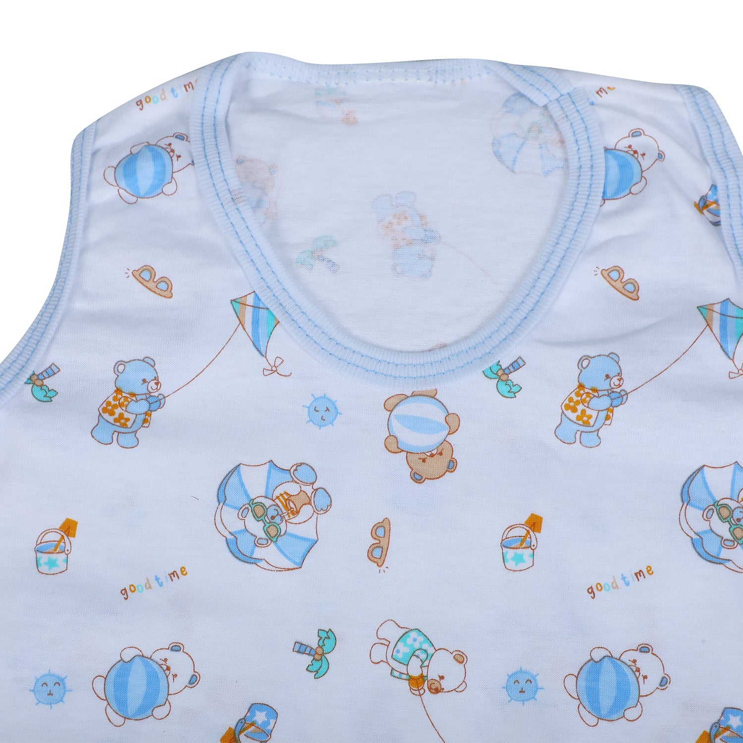 Baby Moo Kite Flying Bear Pure Cotton Sleeveless Vest With Matching Bottom 2pcs Set - Blue
