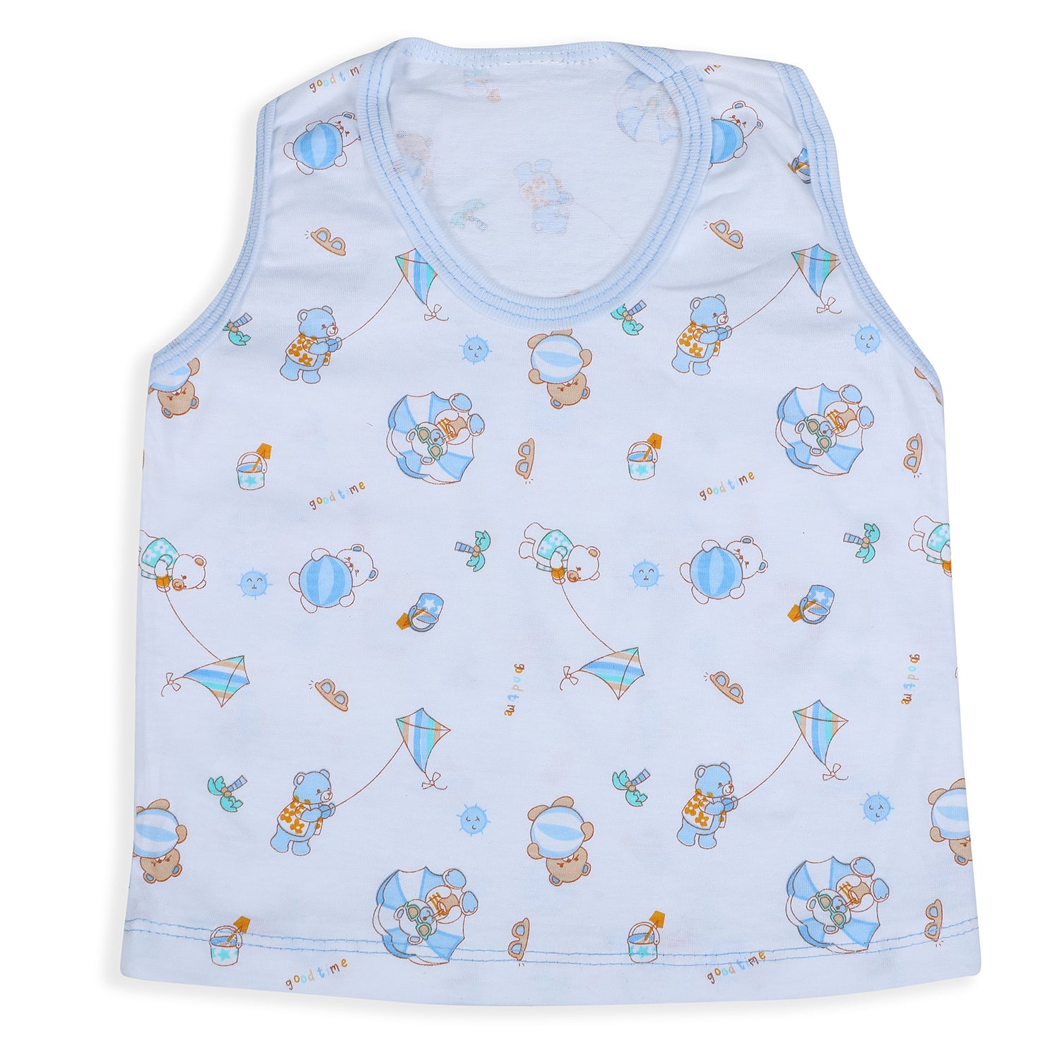 Baby Moo Kite Flying Bear Pure Cotton Sleeveless Vest With Matching Bottom 2pcs Set - Blue - Baby Moo