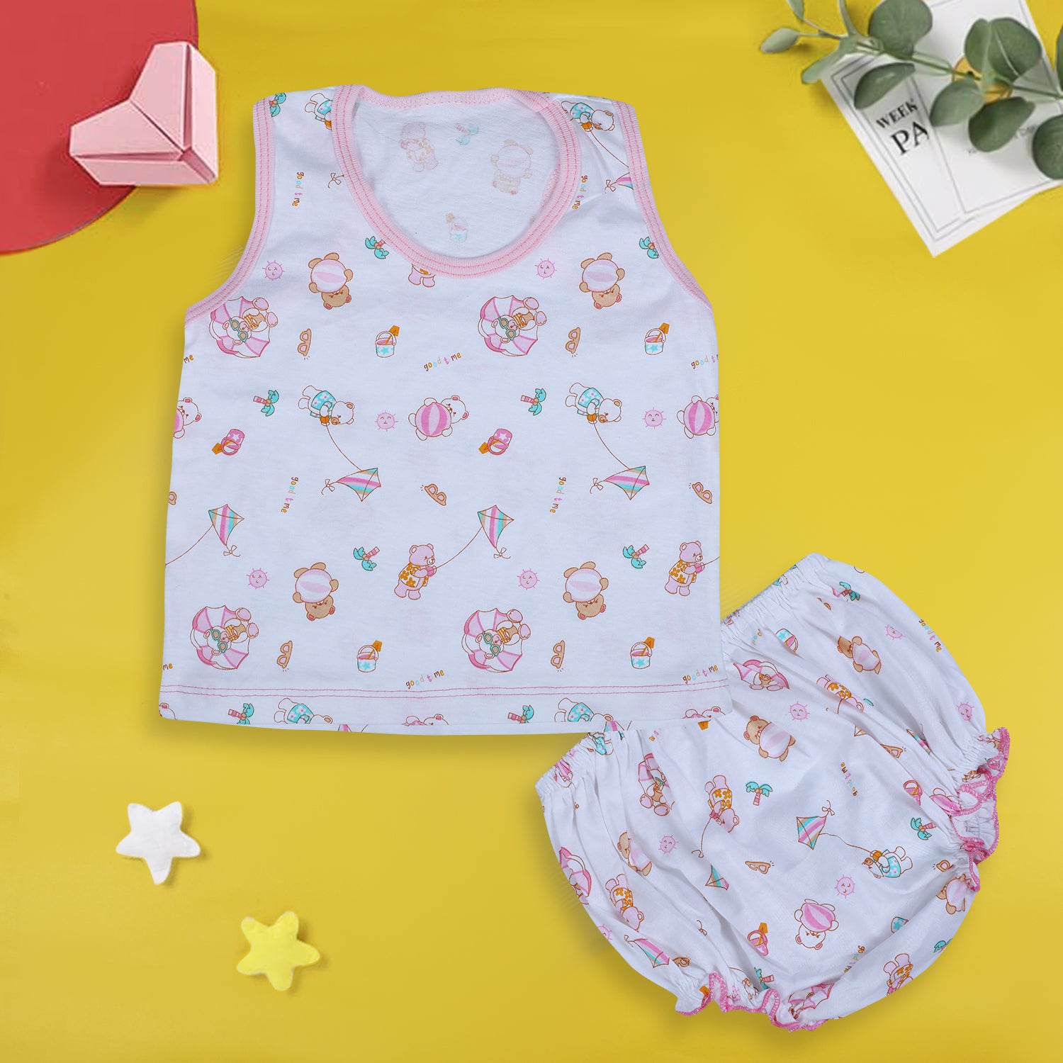 Baby Moo Kite Flying Bear Pure Cotton Sleeveless Vest With Matching Bottom 2pcs Set - Pink