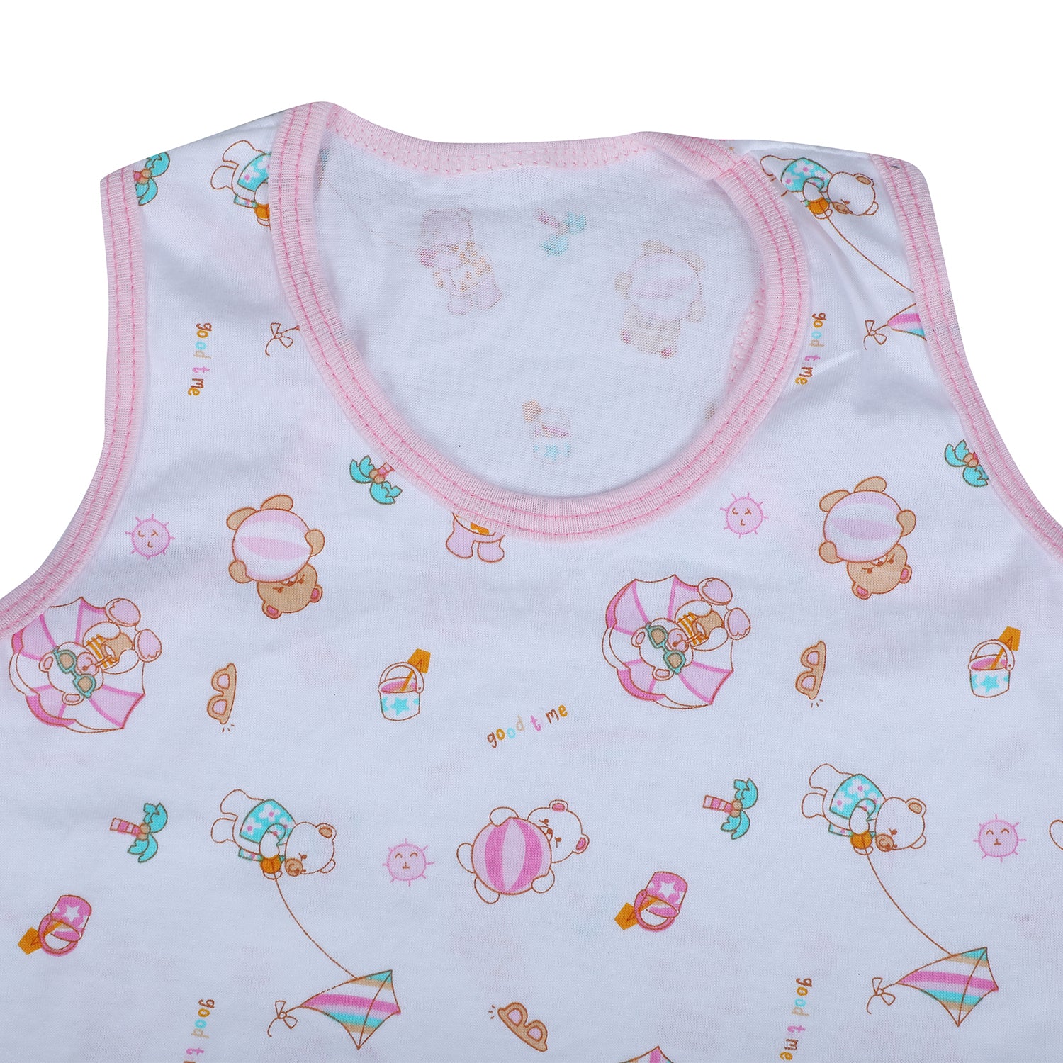 Baby Moo Kite Flying Bear Pure Cotton Sleeveless Vest With Matching Bottom 2pcs Set - Pink - Baby Moo