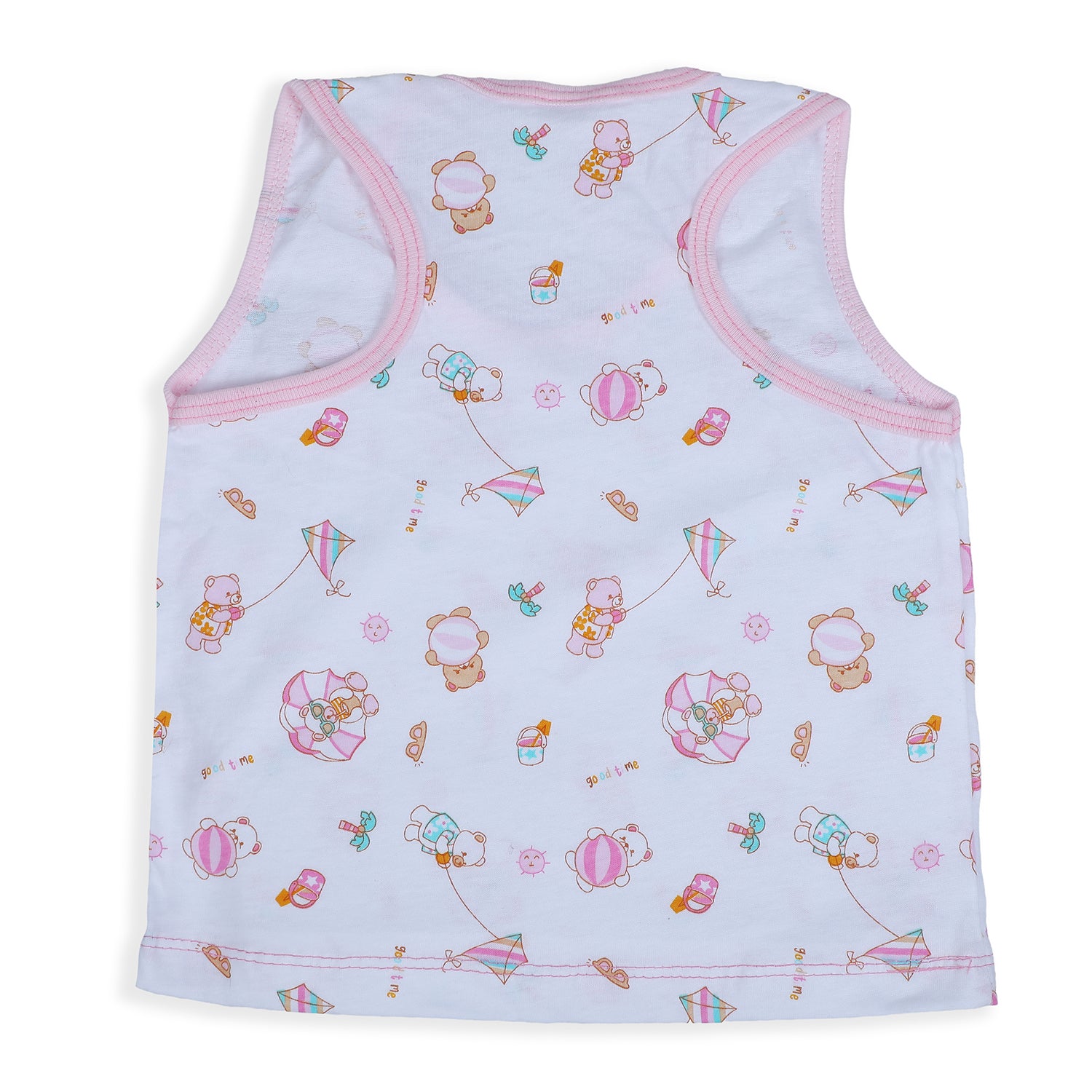 Baby Moo Kite Flying Bear Pure Cotton Sleeveless Vest With Matching Bottom 2pcs Set - Pink - Baby Moo