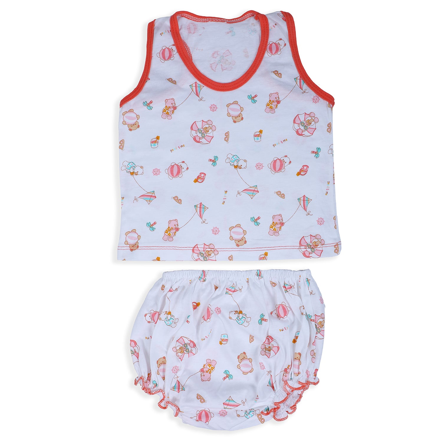 Baby Moo Kite Flying Bear Pure Cotton Sleeveless Vest With Matching Bottom 2pcs Set - Red