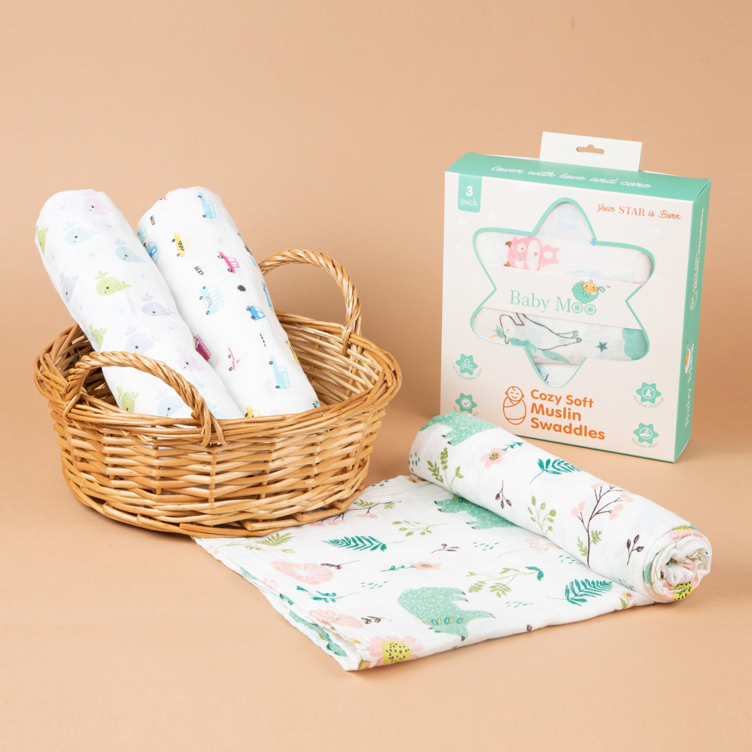 Bears, Whales And Cars Multicolour 3 Pk Muslin Swaddle - Baby Moo